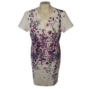 New York & Company White Floral Print Short Sleeve Sheath Dress With V-Neck & Ba